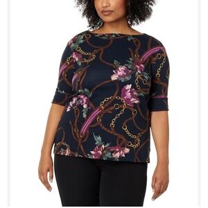 Ralph Lauren Women Size-3X/TG Top Short Sleeve Blue Floral Cotton